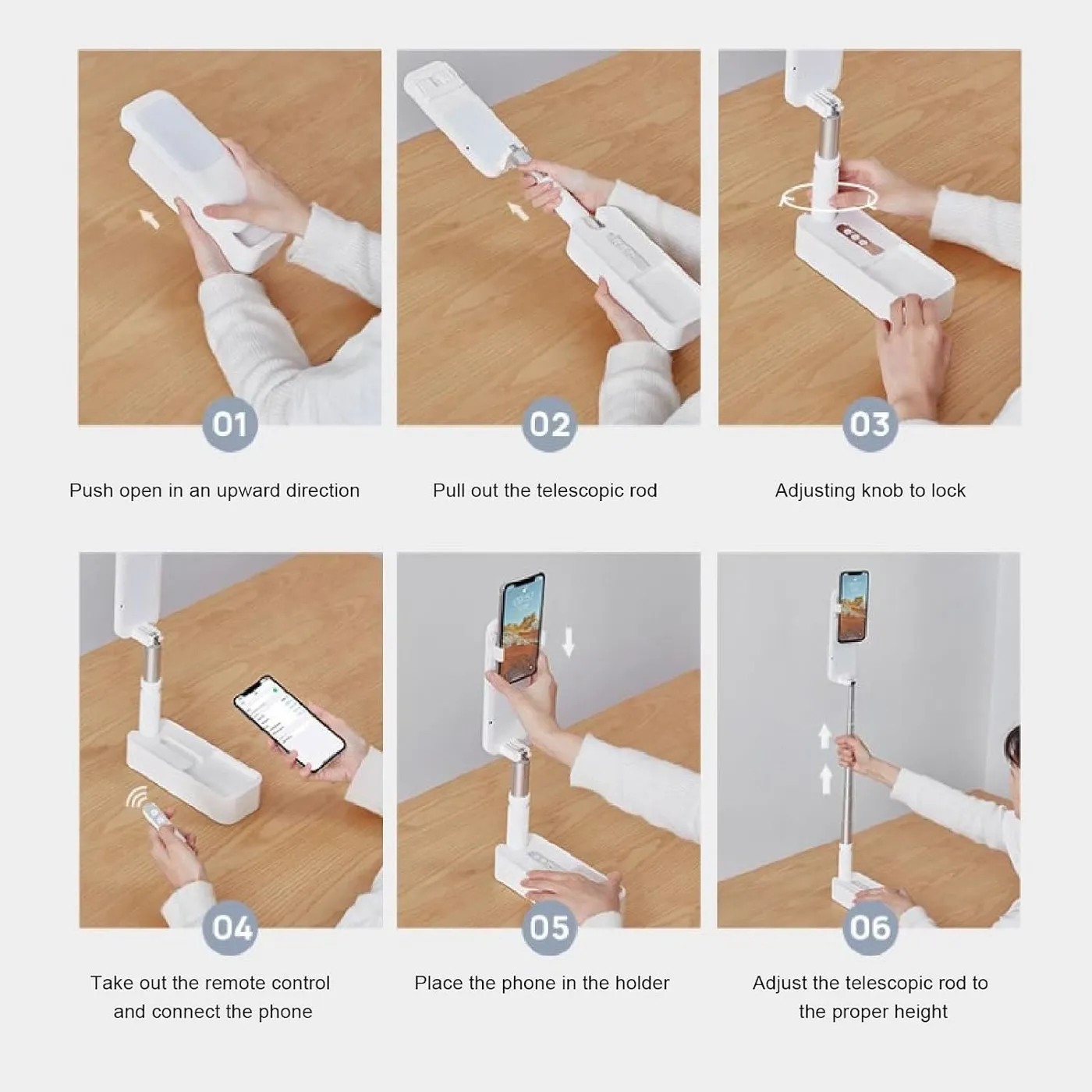 Six simple steps for opening and adjusting the folding phone stand
