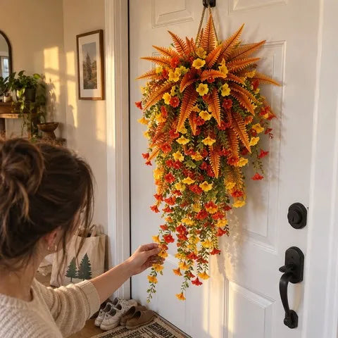 Autumn floral swag being adjusted on a white apartment door