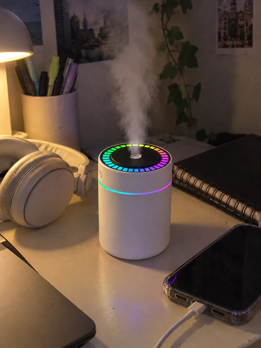 White humidifier glowing on a dorm room desk