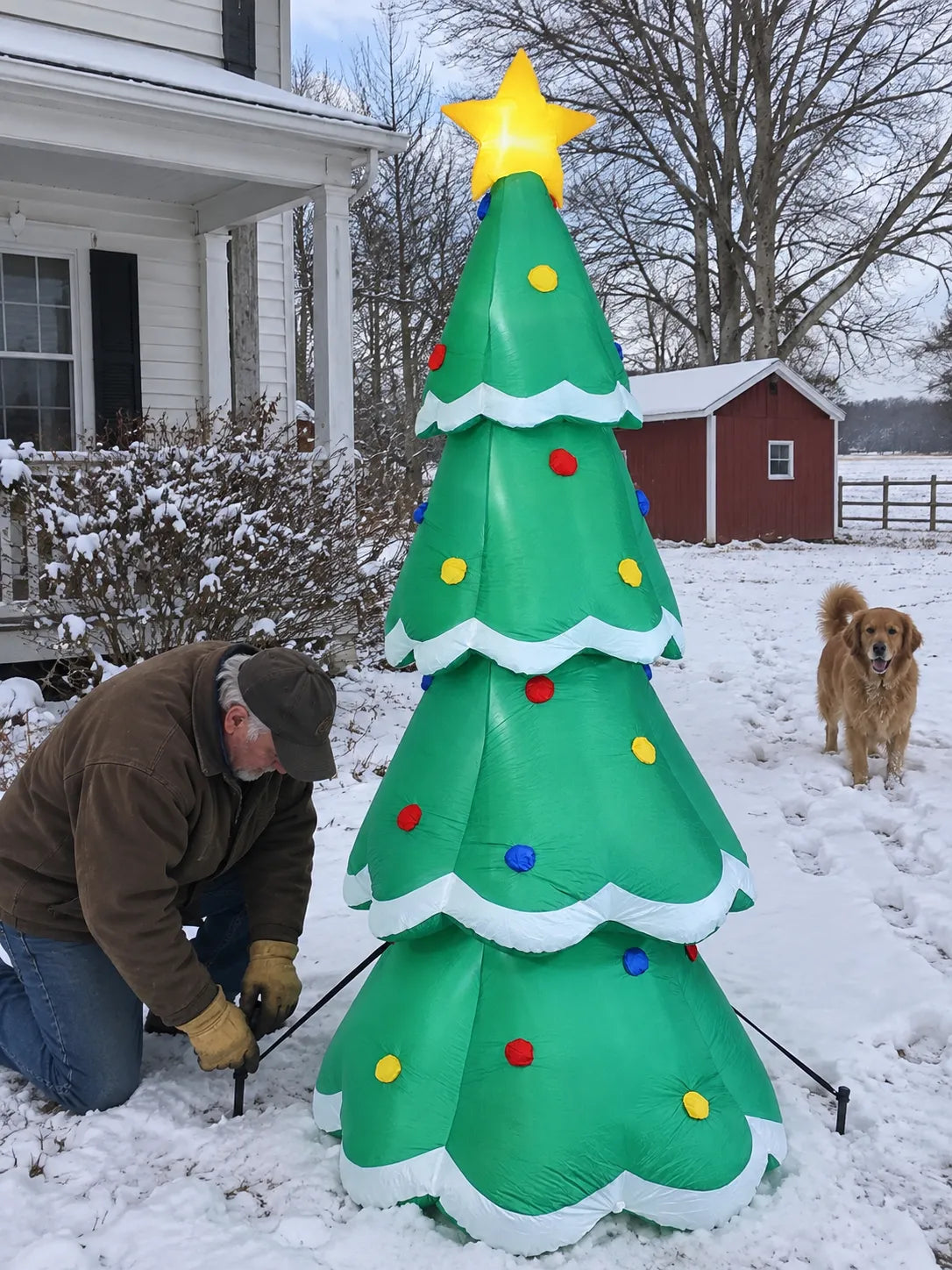 Man securing an inflatable tree in a snowy farmhouse yard