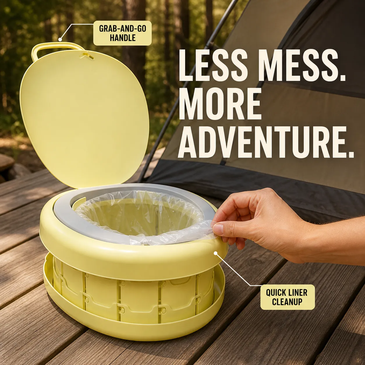 Parent fitting a disposable liner into the foldable kids travel potty at a campsite