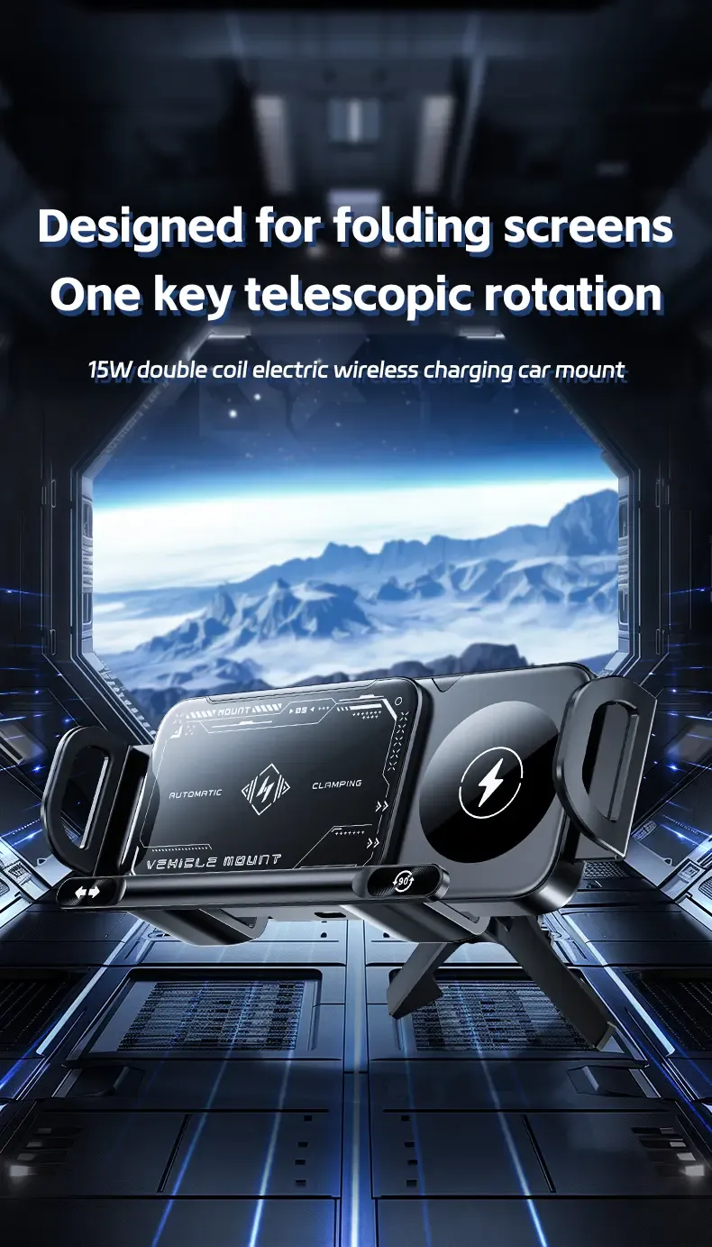 Product Introduction of Wireless Charging Phone Holder Car Mount for Folding Screen/Universal Smartphone, 90° Rotating Car Mount Output Power 15W, Super Stable Air Vent Cell Phone Car Mount with Hook Clip, One Button Release for iPhone, Samsung, Google, and Other Smartphone 4