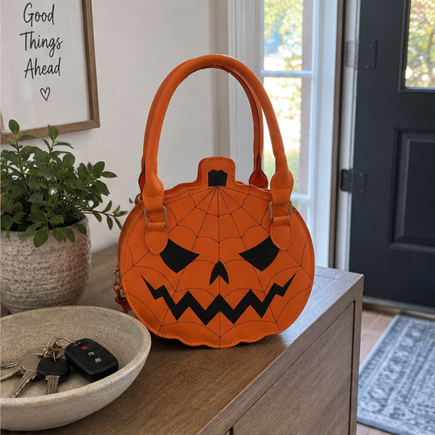Orange pumpkin handbag beside keys in a home entryway