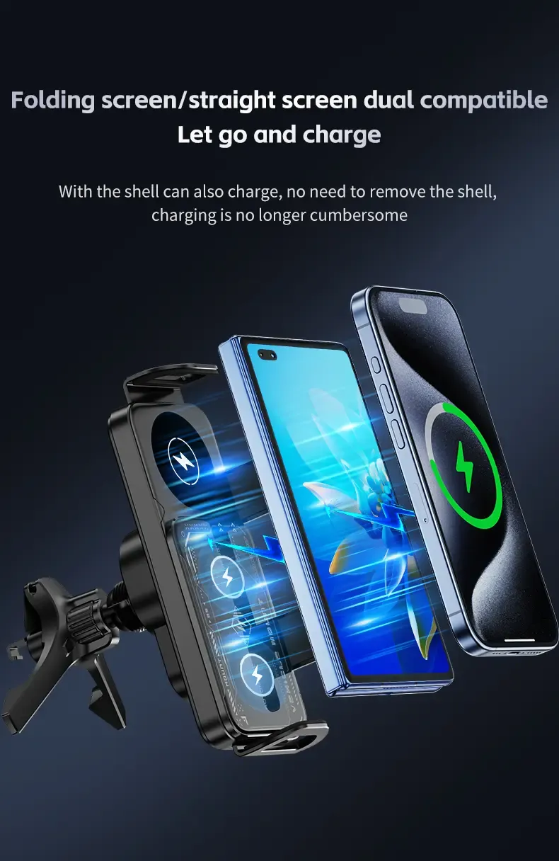 Product Introduction of Wireless Charging Phone Holder Car Mount for Folding Screen/Universal Smartphone, 90° Rotating Car Mount Output Power 15W, Super Stable Air Vent Cell Phone Car Mount with Hook Clip, One Button Release for iPhone, Samsung, Google, and Other Smartphone 11