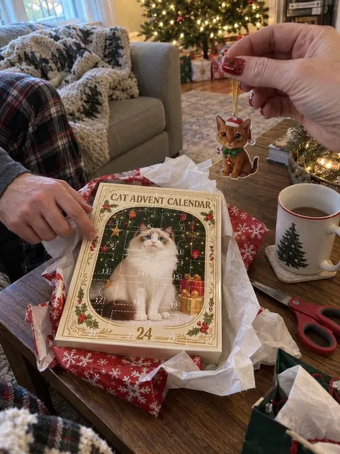 Cat advent calendar being opened as a Christmas gift