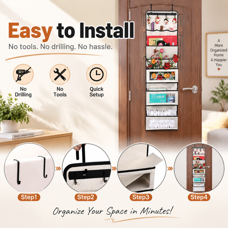 Four-step tool-free over-the-door installation