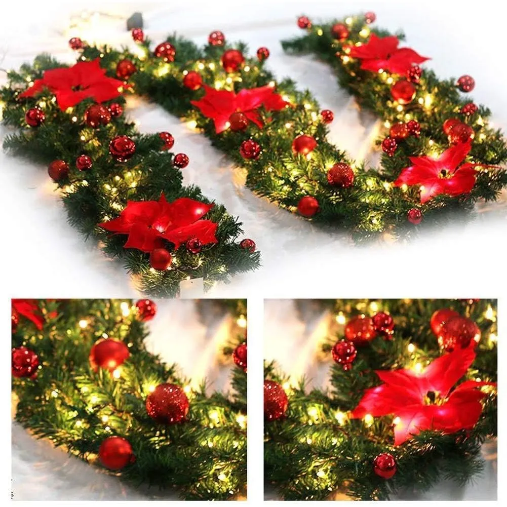 Detailed close-up views of the red poinsettia Christmas garland