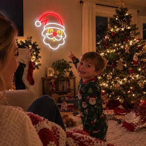 Uformelt familiestuefoto med julemandsneonvæglyset ved julepynt