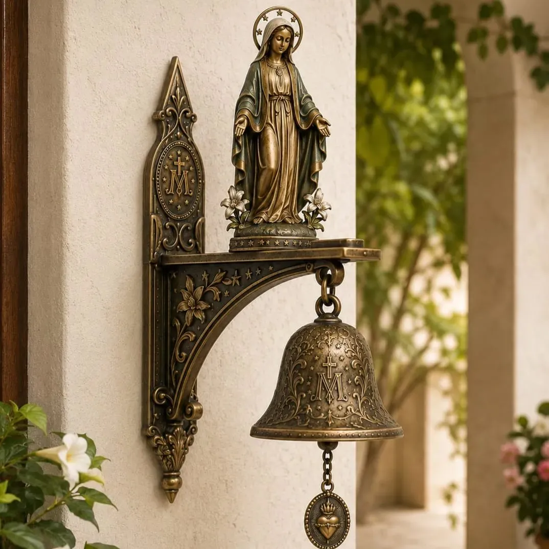 Our Lady of Grace wall bell displayed in a warm home setting