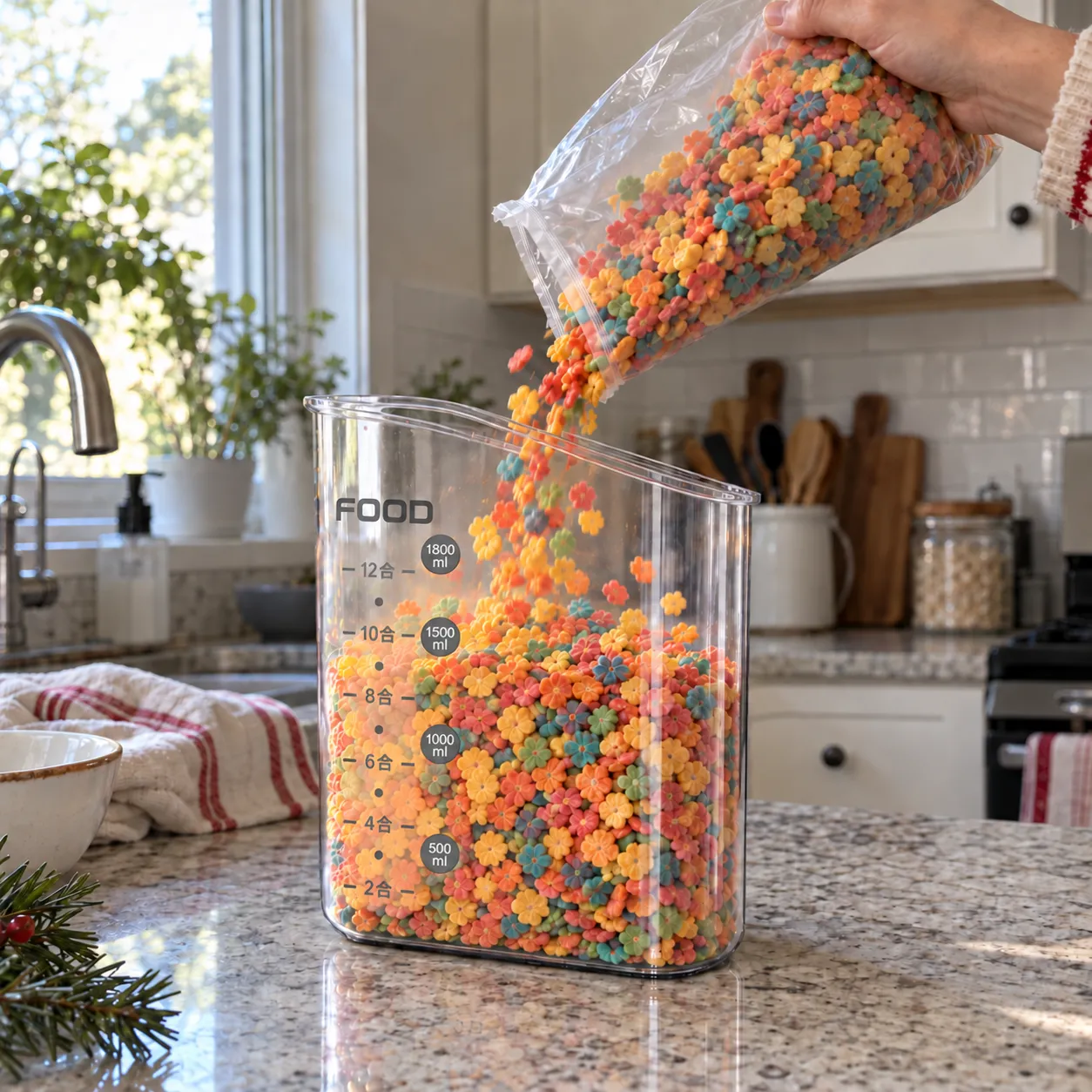 Refilling the open 2L dispenser with dry cereal in a Christmas kitchen