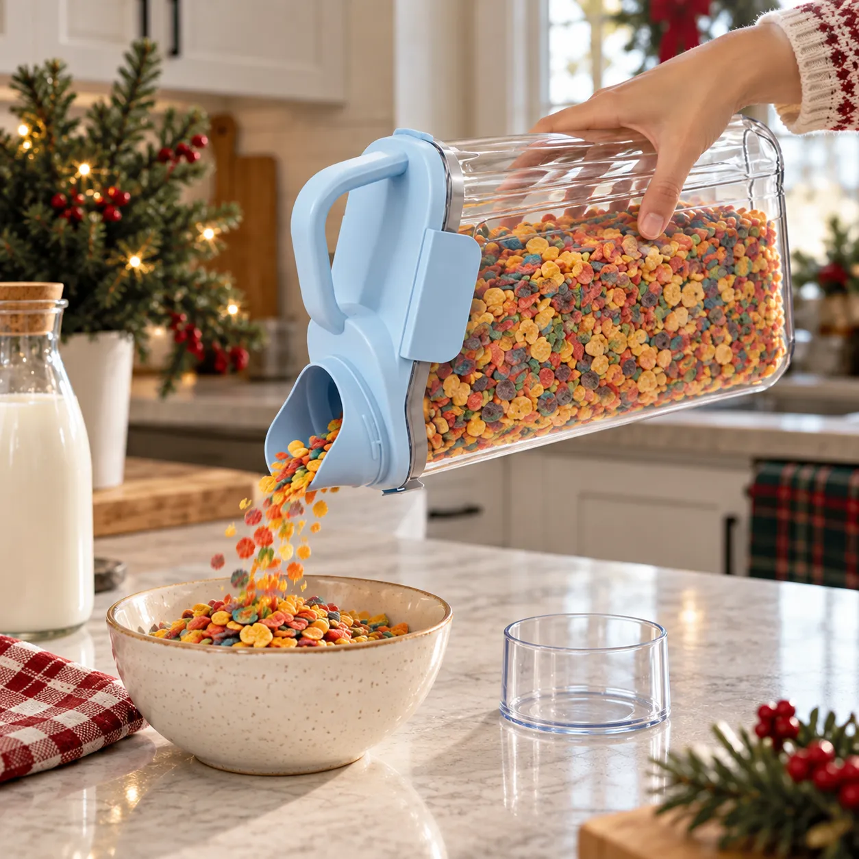 Supporting the blue dispenser body by hand and pouring cereal from the front spout into a breakfast bowl