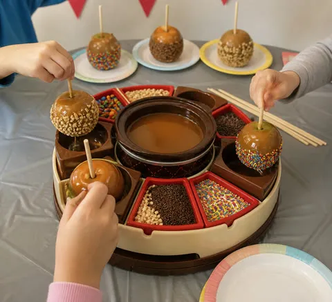 Kids decorating apples at a birthday dessert table