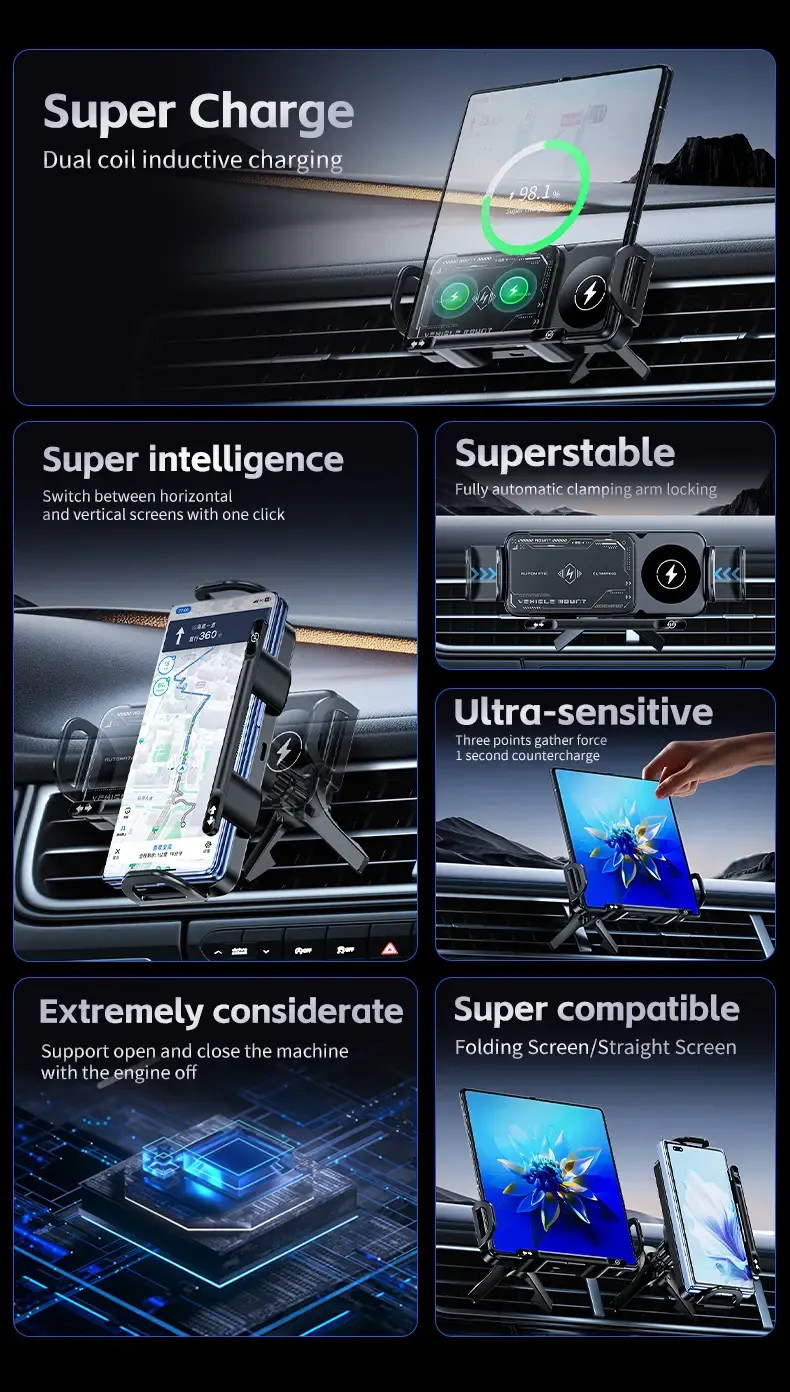 Product Introduction of Wireless Charging Phone Holder Car Mount for Folding Screen/Universal Smartphone, 90° Rotating Car Mount Output Power 15W, Super Stable Air Vent Cell Phone Car Mount with Hook Clip, One Button Release for iPhone, Samsung, Google, and Other Smartphone 5