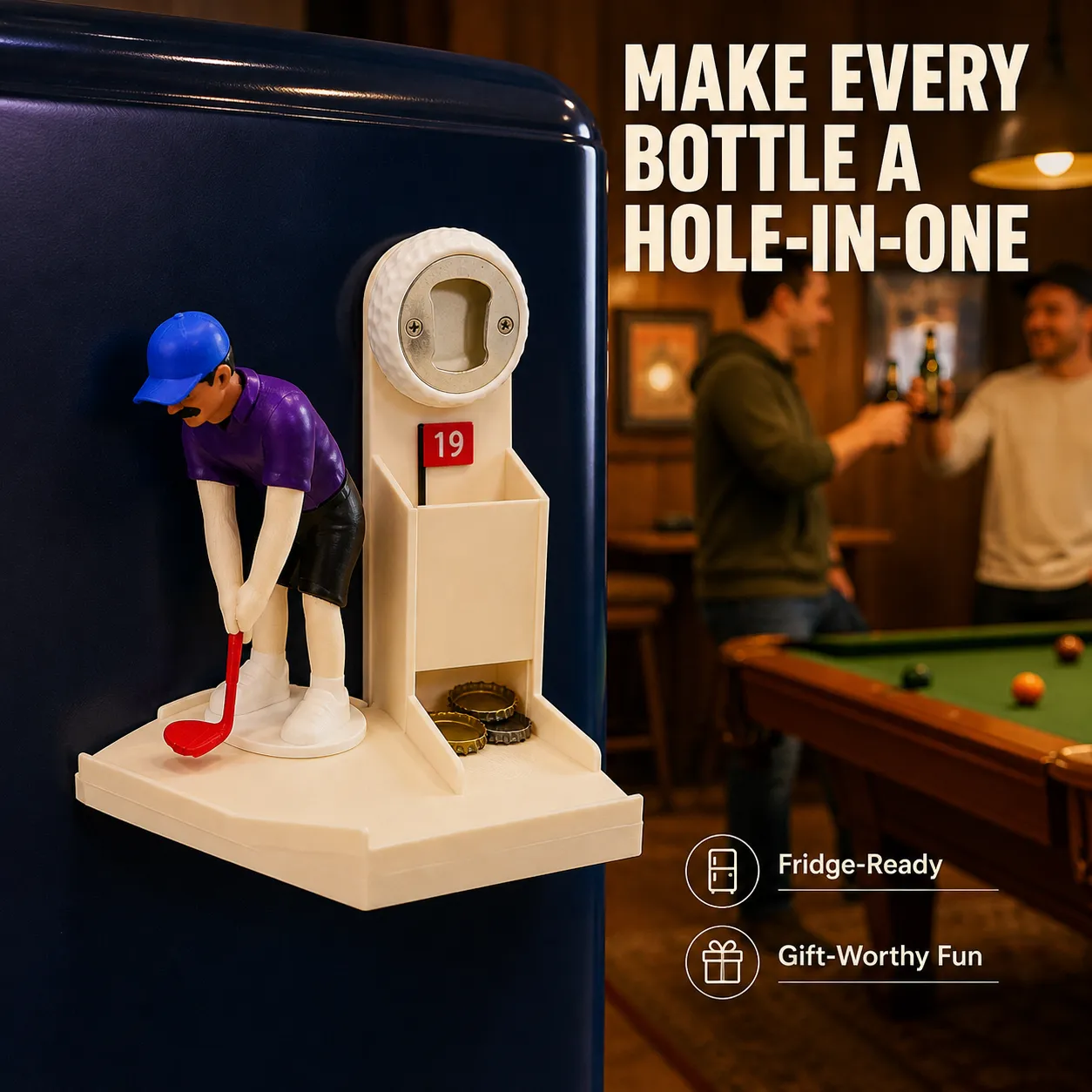 Golf bottle opener mounted on a refrigerator with clear adhesive backing