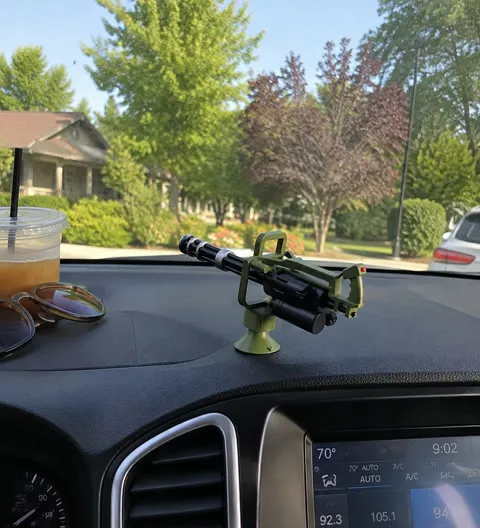 Army green dashboard ornament in a parked family SUV