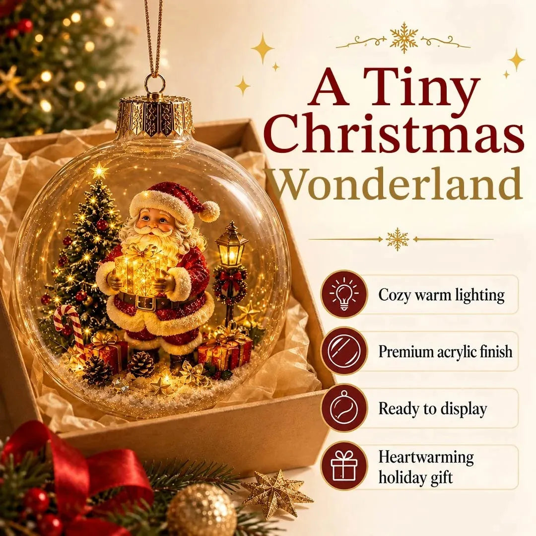 Glowing Santa ornament presented in a gift box