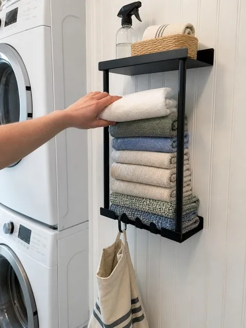 Towels and laundry accessories stored on the wall beside a washer