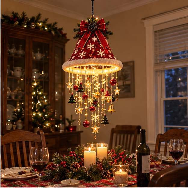 Bow-and-bells chandelier over a family dining table