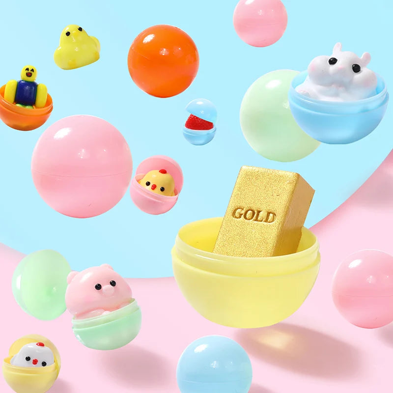 Colorful capsules opening to reveal assorted mini squishies