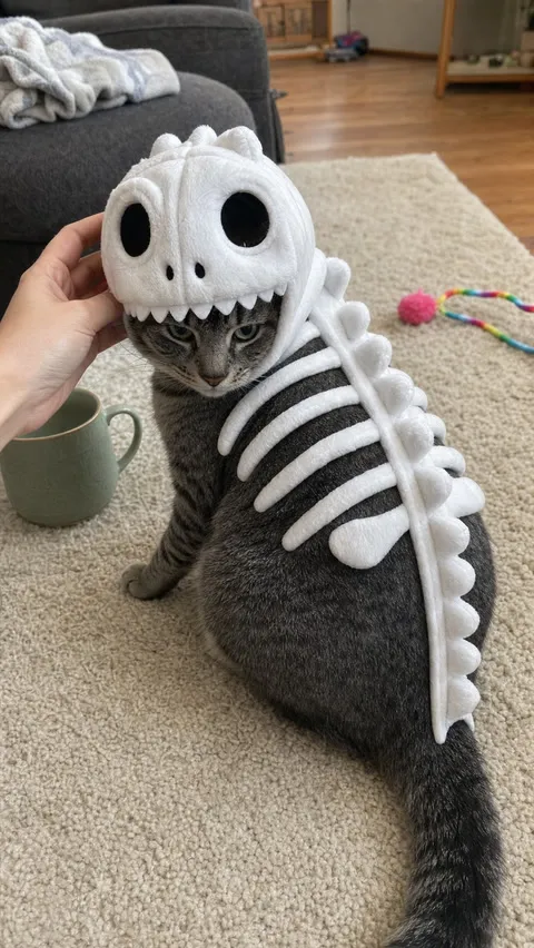 Gray tabby wearing the white dinosaur costume on a living-room rug