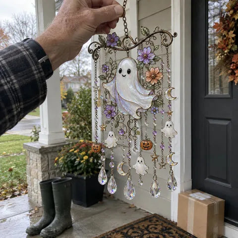 Friendly Ghost hanging on a covered front porch