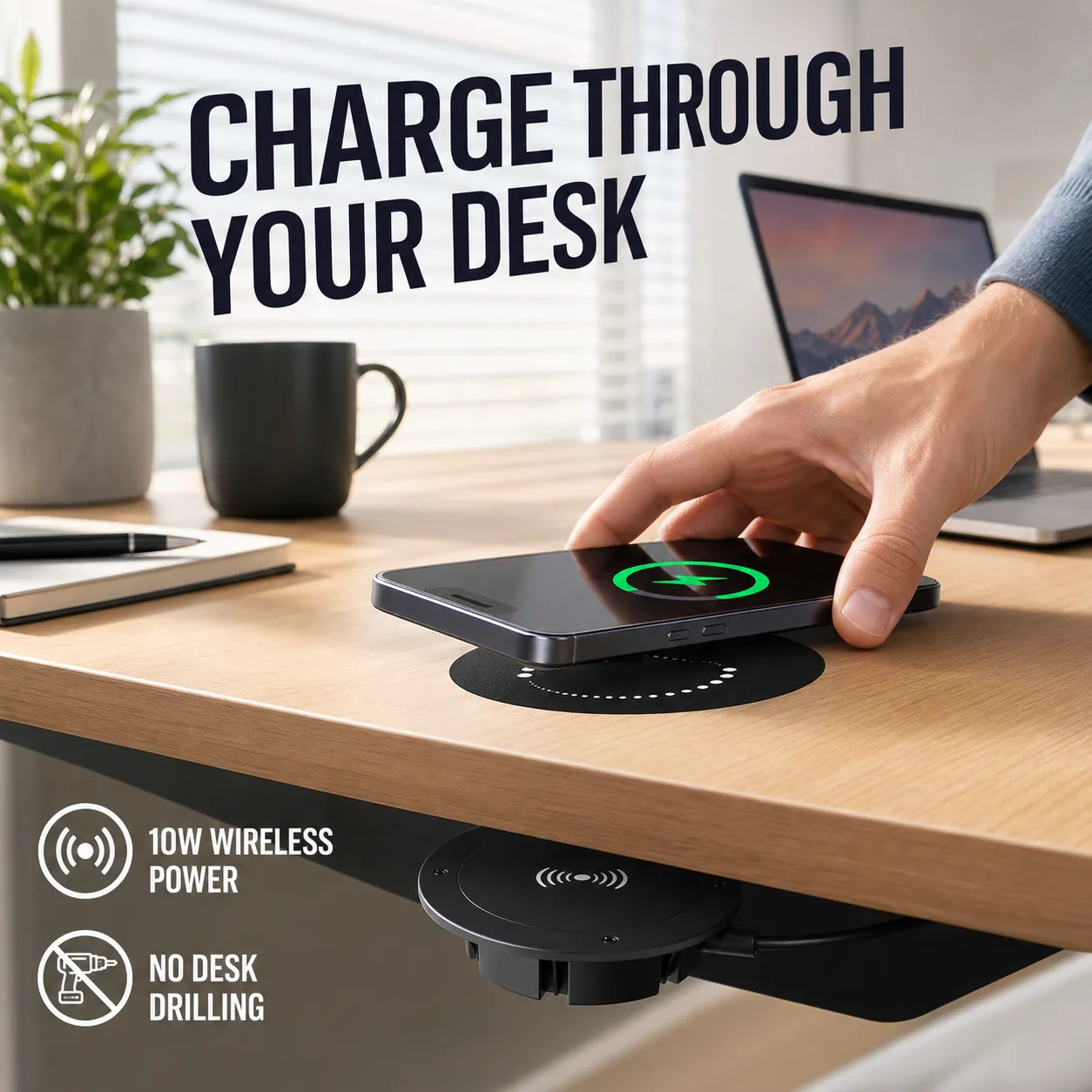 Hidden under-desk wireless charger in a home office