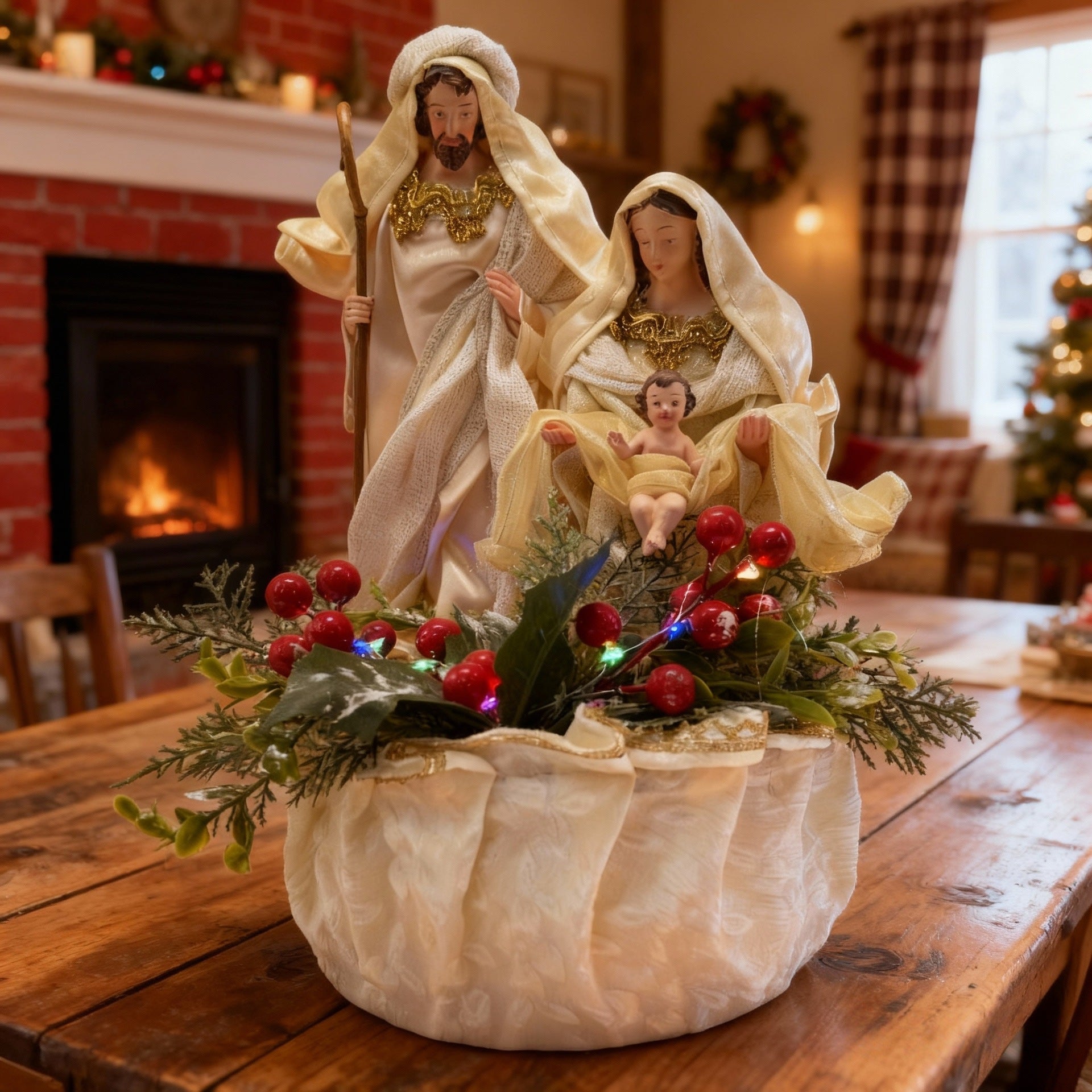 White base Holy Family nativity in a warm Christmas room