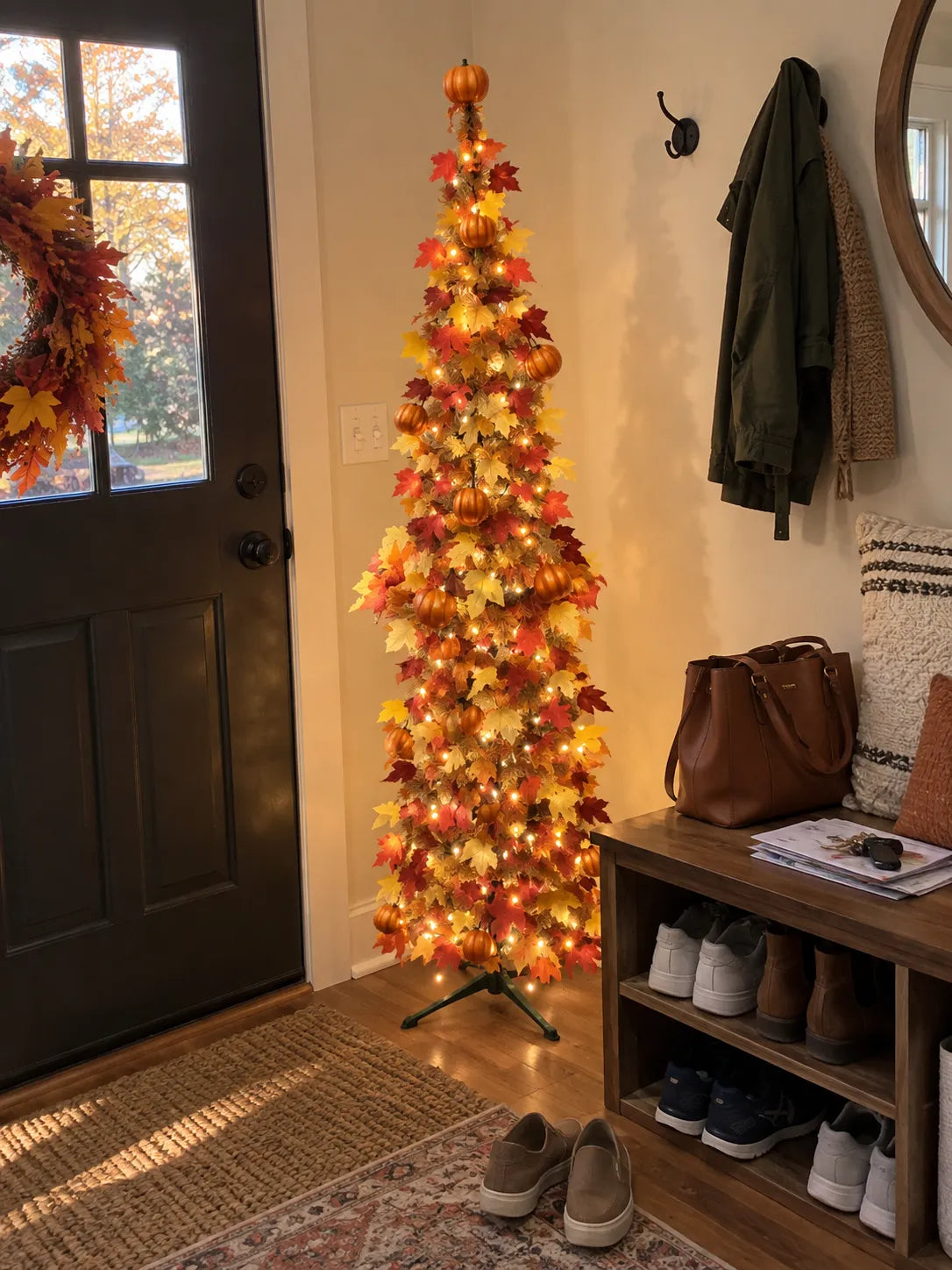 Fall tree glowing beside an everyday entryway bench