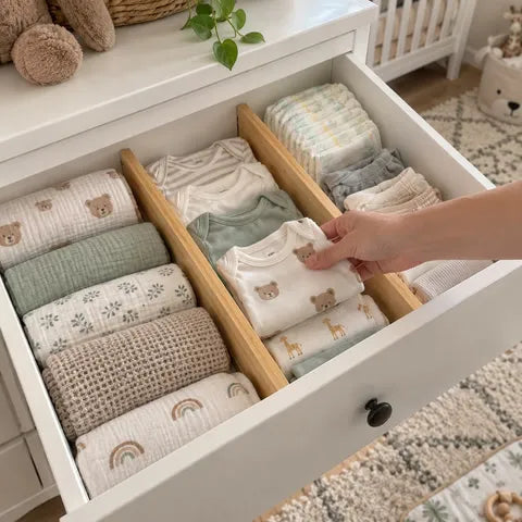 Baby clothes and diapers organized in a nursery drawer