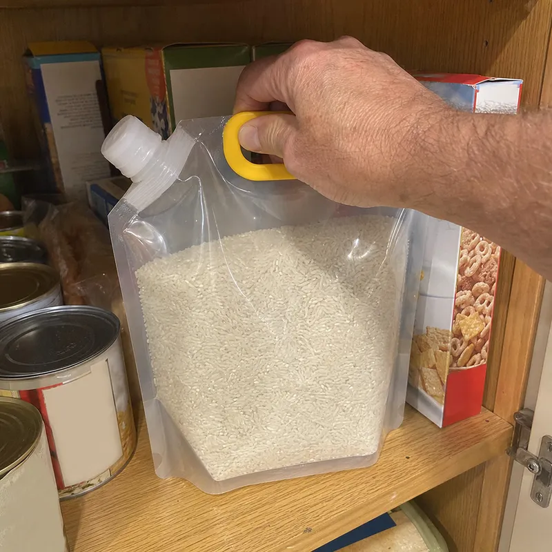 Rice storage pouch on a pantry shelf