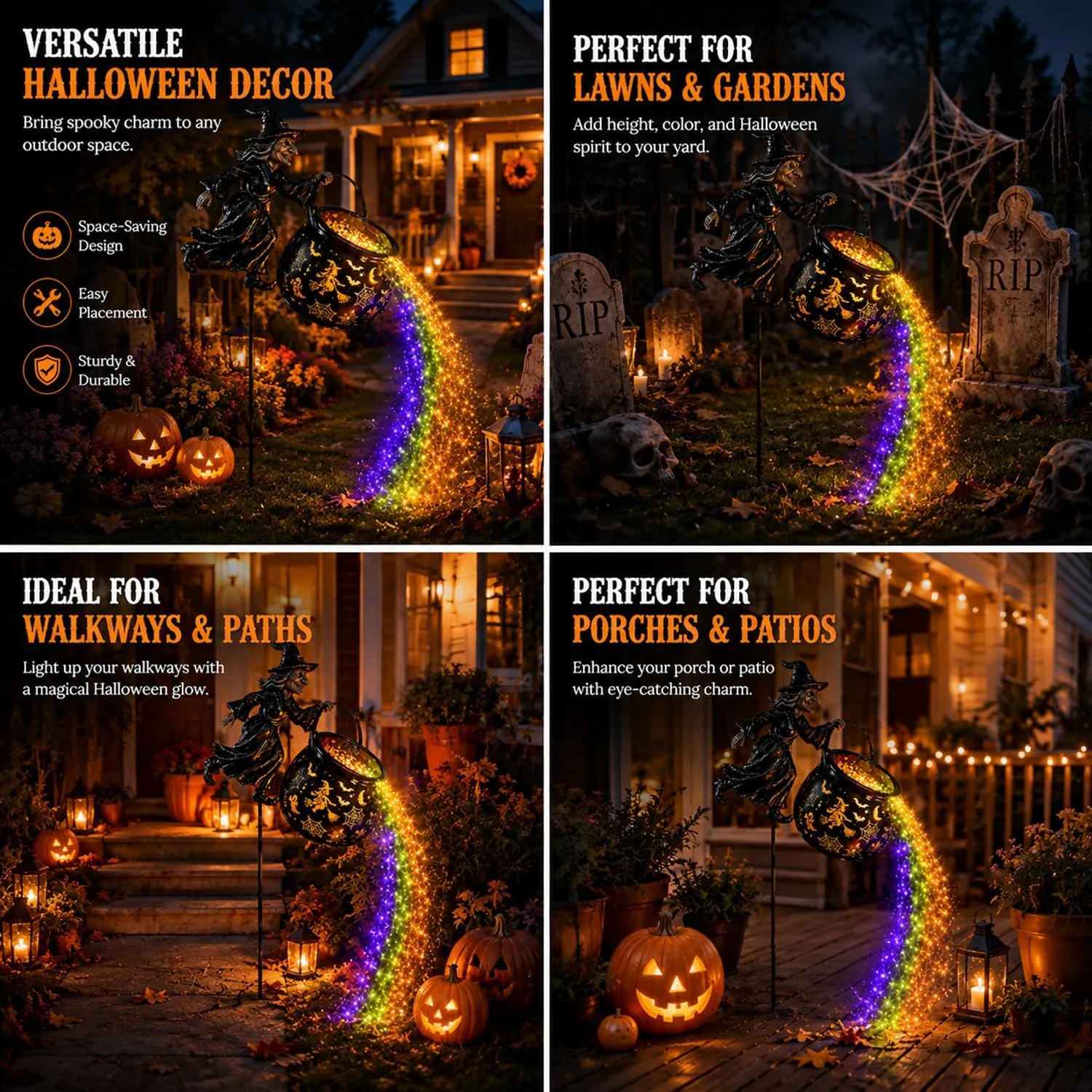 Witch cauldron light displayed in yards, gardens, walkways, and porches