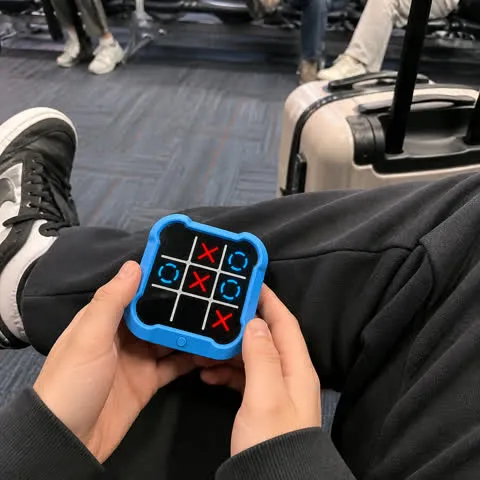 Traveler holding the blue game at an airport gate