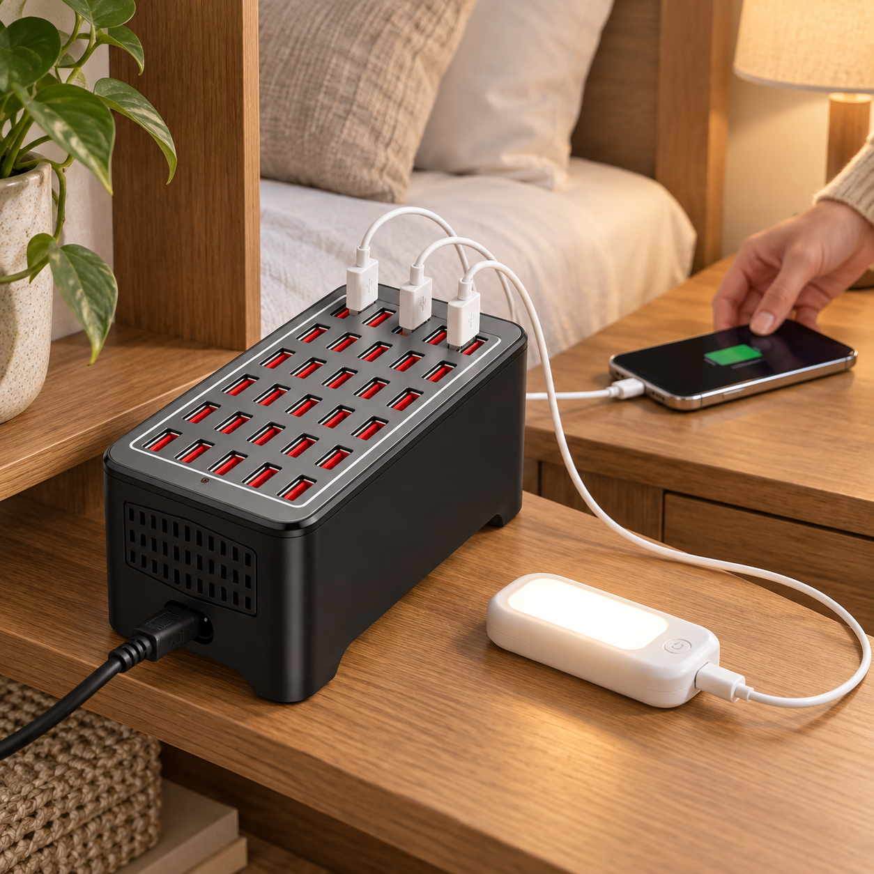 A guest room charging corner