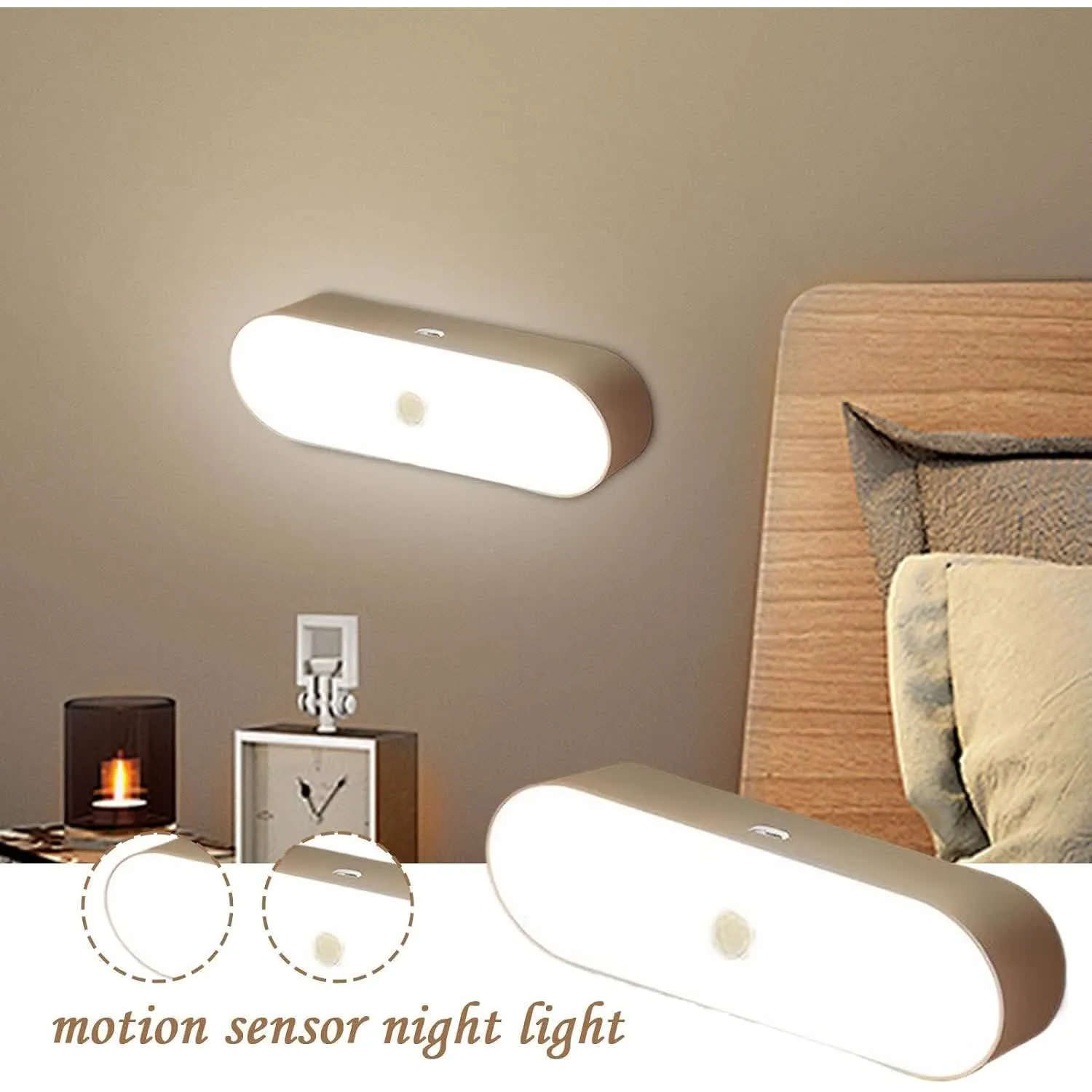 Motion sensor night light mounted beside a bed
