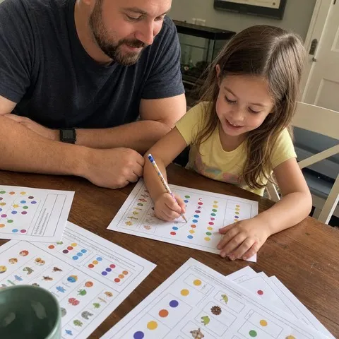 A father and daughter using colorful printed activity sheets at a breakfast table