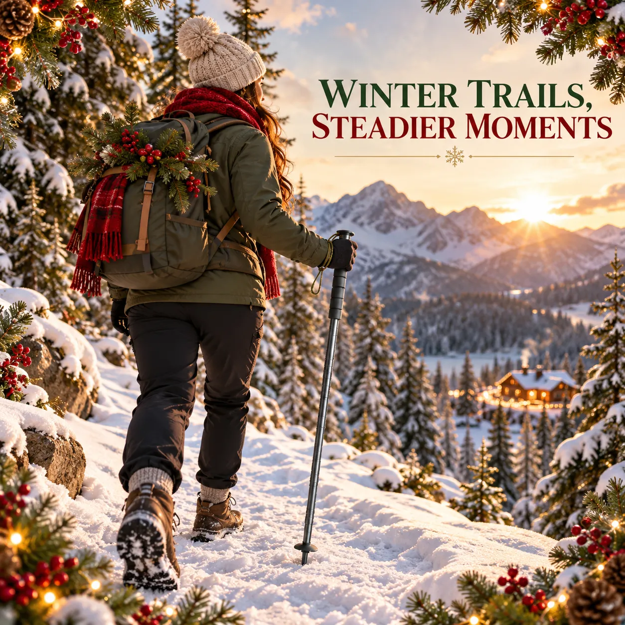 Hiker using the modular trekking pole on a snowy Christmas-season trail