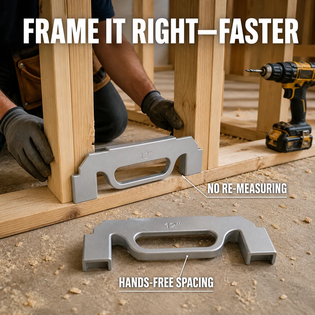 Carpenter using a silver 12-inch stud spacing framing jig