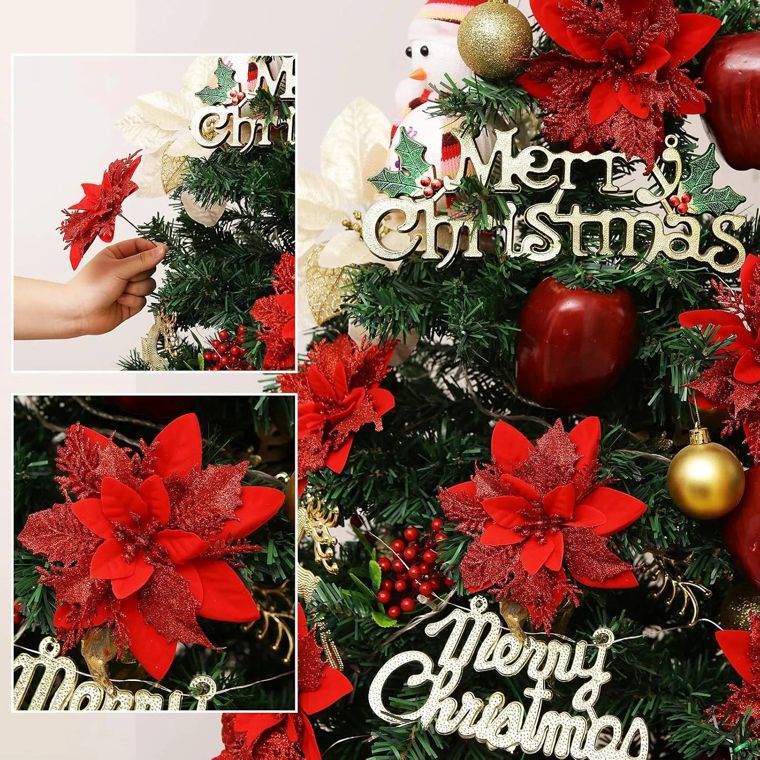 Red poinsettia clips styled throughout a Christmas tree