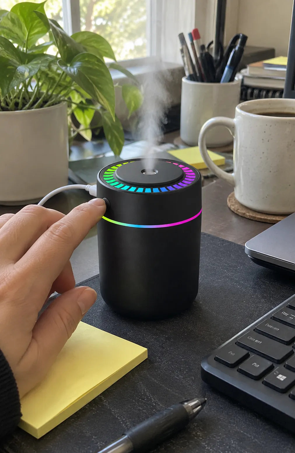 Black humidifier on a home office desk