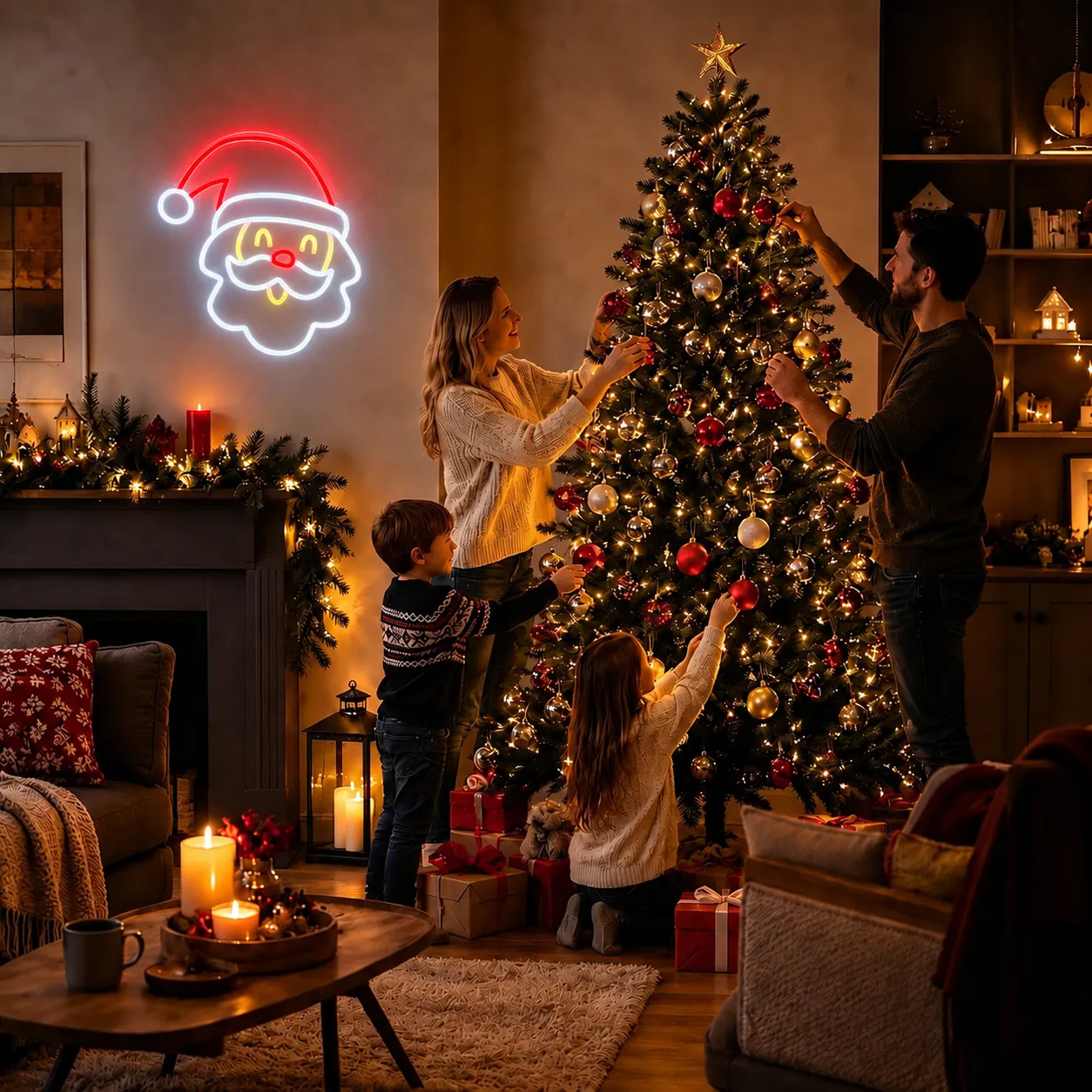 Familie pynter juletræ ved det lysende julemandsvæglys