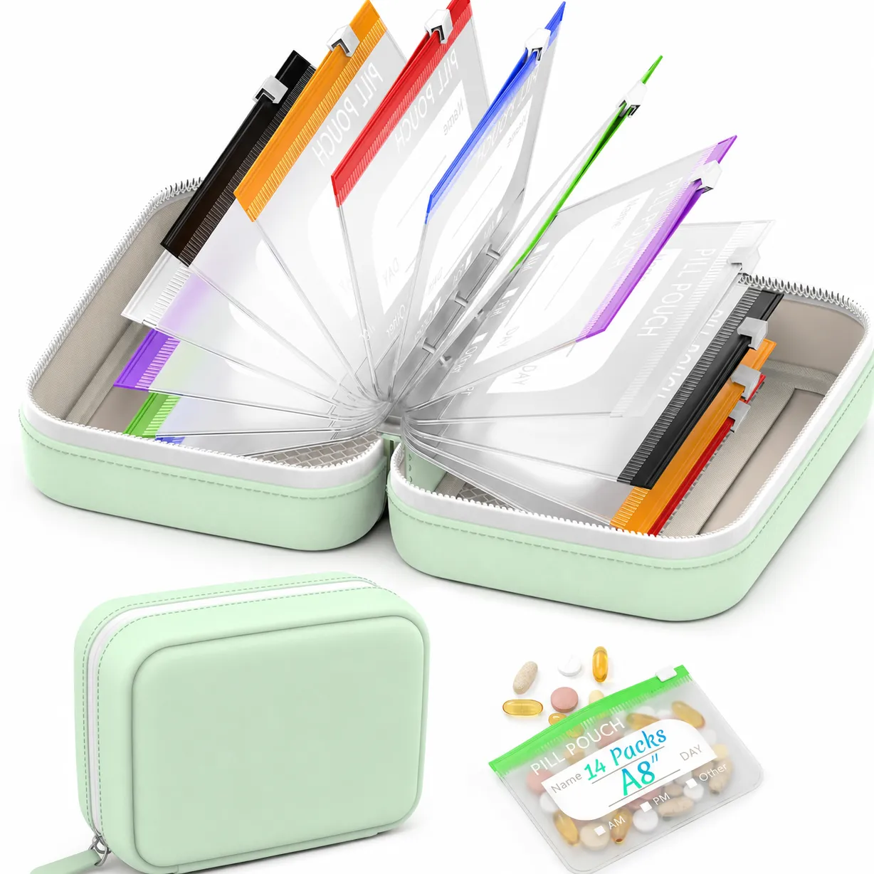 Seven removable color-coded pouches stored in the compact zippered organizer