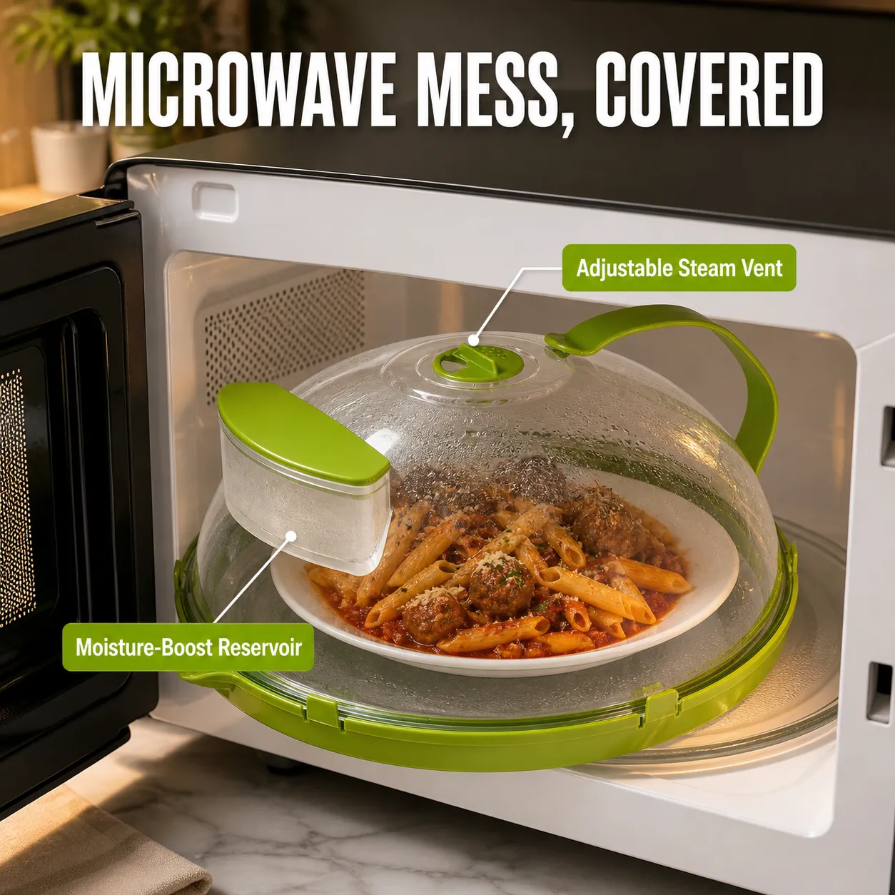 Microwave splatter cover over a plated meal