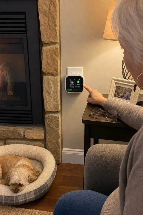 Monitor being checked beside a living room fireplace