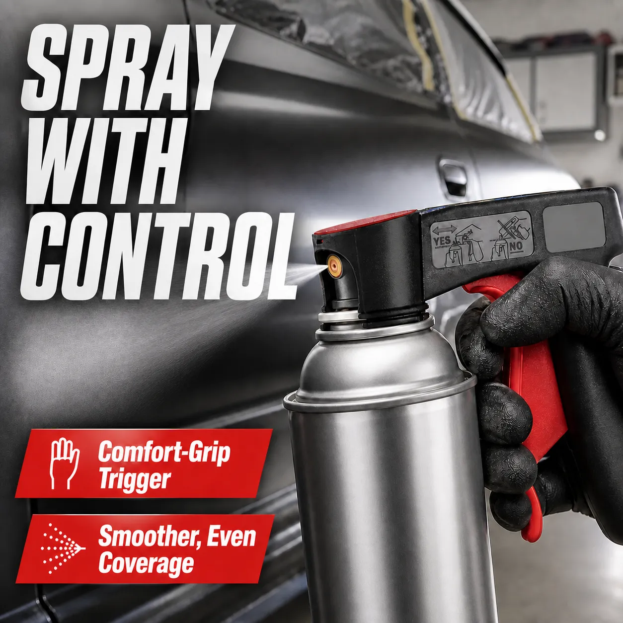 Portable spray-can trigger handle delivering controlled paint coverage