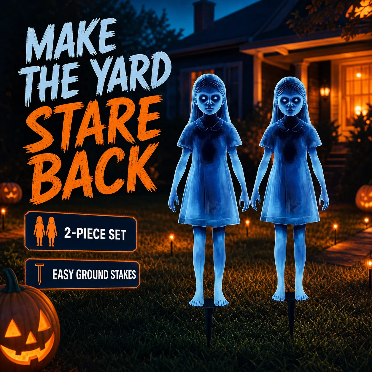 Two creepy blue ghost-girl stakes in a Halloween front yard