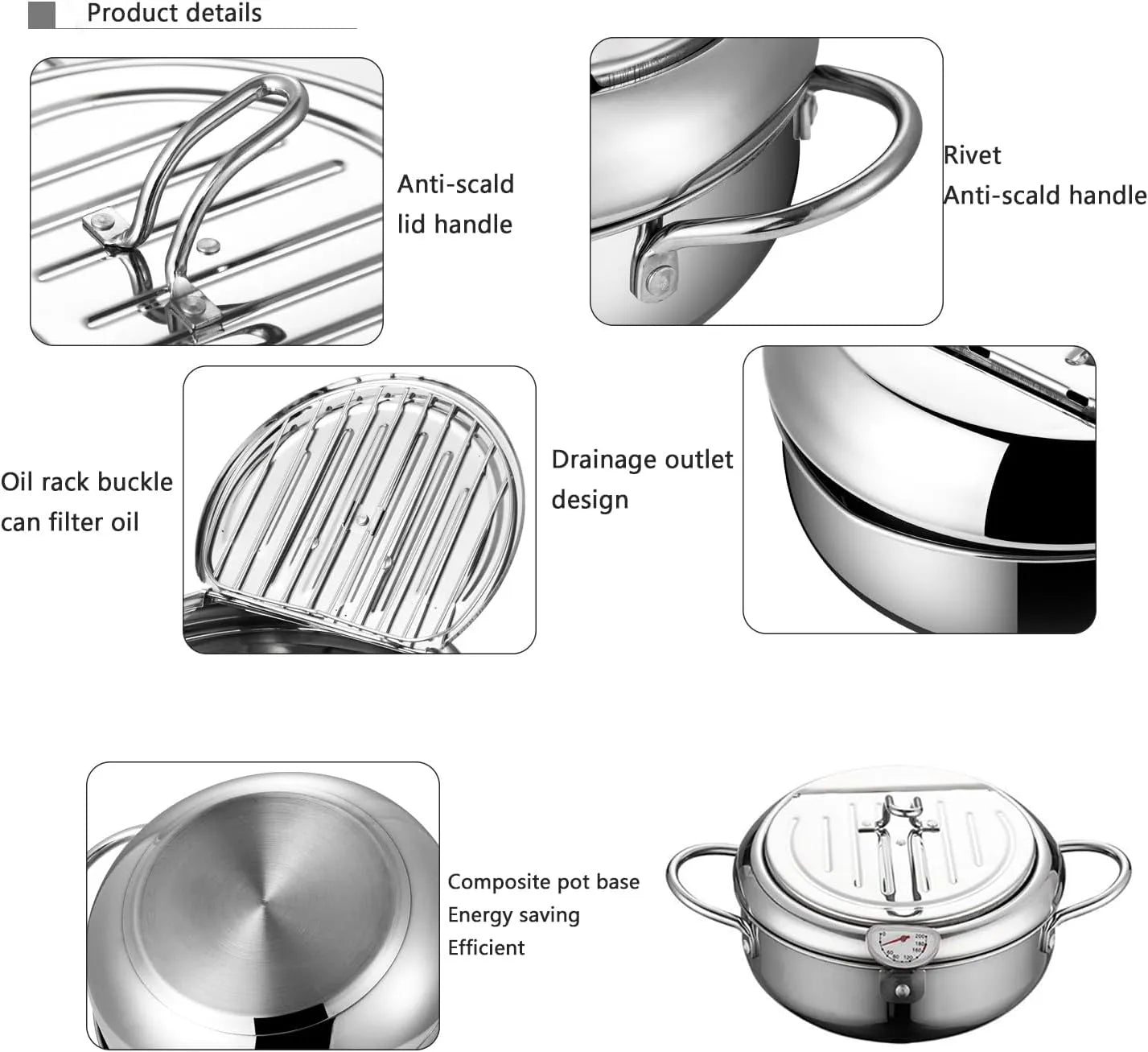 Close-up details of the lid handle, side handle, drain rack, and composite base