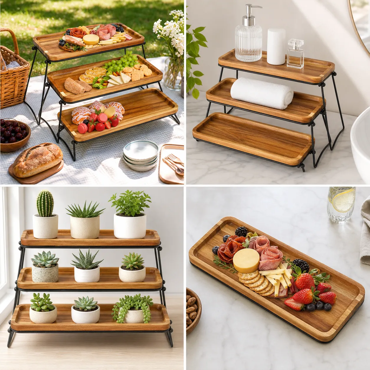 Multiple ways to use the three wooden trays