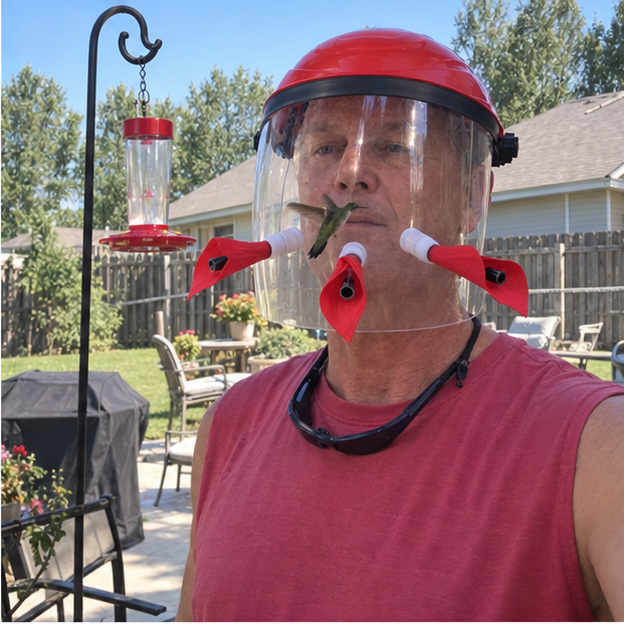 Man trying the feeder mask on a sunny patio
