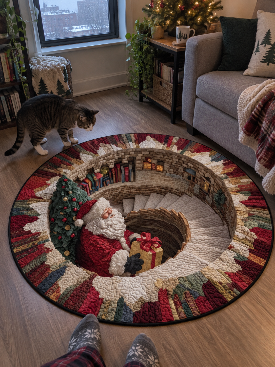 Runder Teppich mit 3D-Weihnachtsmann-Wendeltreppe – optische Weihnachtsillusion – Produktabbildung