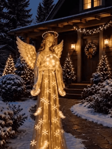 Angel garden light glowing beside a winter walkway